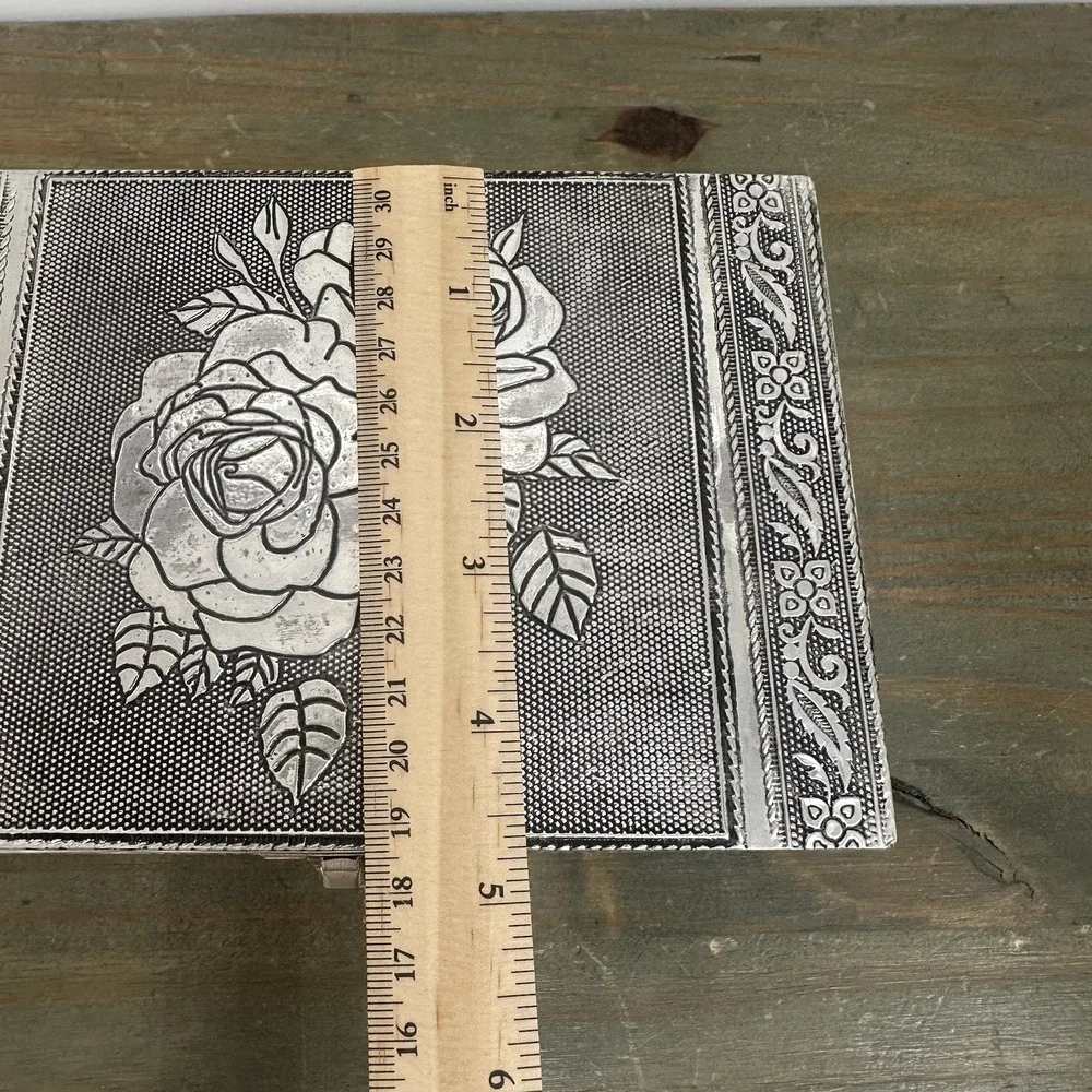 Vintage Silver Tone Hand Embossed Metal Jewelry Box Velvet Lined Rose Floral 7
